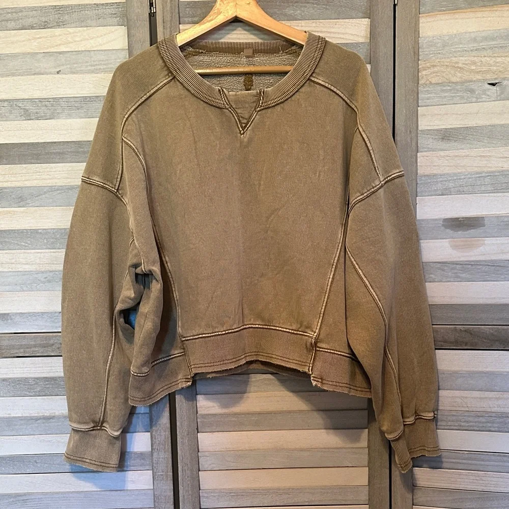 FP Movement by Free People Olive Green tan Washed Crew crop Sweatshirt - Picture 1 of 1